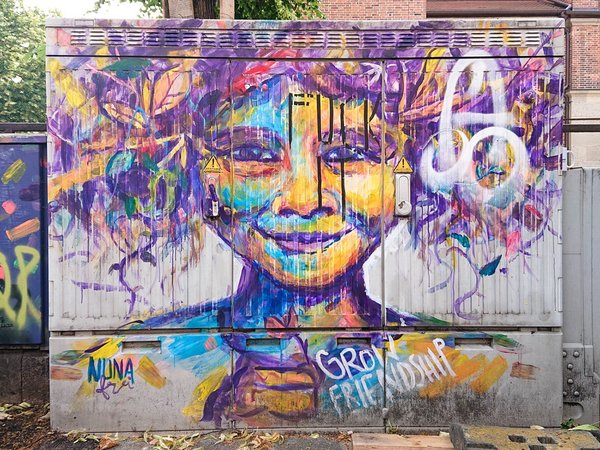 Großer Straßen-Schaltkasten mit Grafitti, Grafittitext: Grow Friendship, Grafittibild: Kopf/Portrait einer lächelnden Person mit wuscheligen Haaren aus Zweigen und Blättern, im Unteren Bereich ist die Hand sichtbar, sie hält einen Zweig; Farbigkeit verfremded: Lila, Gelb, Türkis 