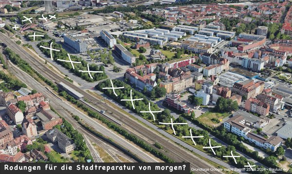 Luftbild Frankenschnellweg zwischen Gostenhof und St.Leonhard (Quelle Google Maps, Stand 25.06.2024); Schnellstraße und Bahnstrecke teilen das Bild von links oben nach rechts unten. Die existierenden Grünflächen zwischen den Fahrbahnen und in der Nähe der Baahnstrecke an den Rampen sind mit dicken weißen X-en ausgekreuzt. Bildunterschrift: Rodungen für die Stadtreparatur von morgen?