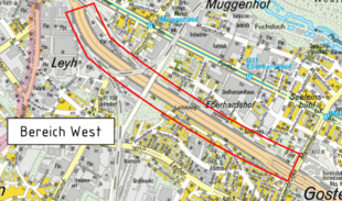 Kartenausschnitt Nürnberg Stadtgrenze bis Janssenbrücke mit rot umrahmten Bereich West, Frankenschnellweg Doos bis Jannsenbrücke