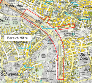 Kartenausschnitt Nürnberg Gostenhof bis Dianaplatz mit rot umrahmtem "Bereich Mitte", Frankenschnellweg ab Ende Witschelstraße bis Auffahrt B4R inclusive Bahnunterführung Rothenburger Straße und Neue Kohlenhofstraße.