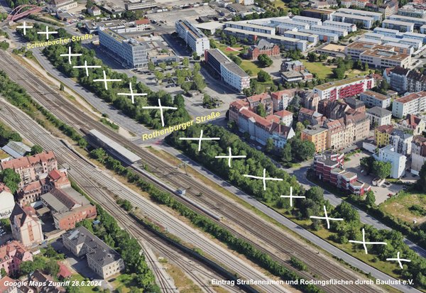 Der Frankenschnellweg zwischen Gostenhof und St. Leonhard aus der Vogelperspektive von Nordosten aus. An dieser Stelle gabelt sich der FSW in zwei Fahrrichtungen, dazwischen ein relativ großes Wäldchen auf dem Gebiet des ehemaligen Hafenbeckens des Ludwigskanals. Dieses Wäldchen ist als Rodungsfläche für den Eingang des geplanten Tunnels gekennzeichnet.