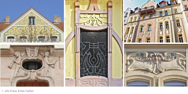 Jugendstil-Reliefs, Malereien und Glasbilder, schmücken Giebel, Fenster und Eingangstür verschiedener 4-5-stöckiger Mehrfamilienhäuser, die um 1910 erbaut wurden. Motive der Ornamente sind abstrahierte Pflanzen, aber auch musizierende Personen.