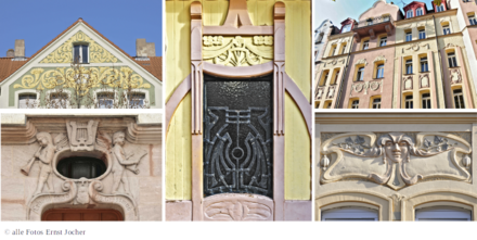 Jugendstil-Reliefs, Malereien und Glasbilder, schmücken Giebel, Fenster und Eingangstür verschiedener 4-5-stöckiger Mehrfamilienhäuser, die um 1910 erbaut wurden. Motive der Ornamente sind abstrahierte Pflanzen, aber auch musizierende Personen.